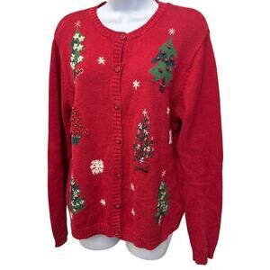 VTG Christmas Sweater Womens M 10 12 Cardigan Cozy Cabin Tree Embroidered red